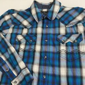Cody James Regular Fit Western‎ Shirt Men's M Blue Plaid Sawtooth Pockets